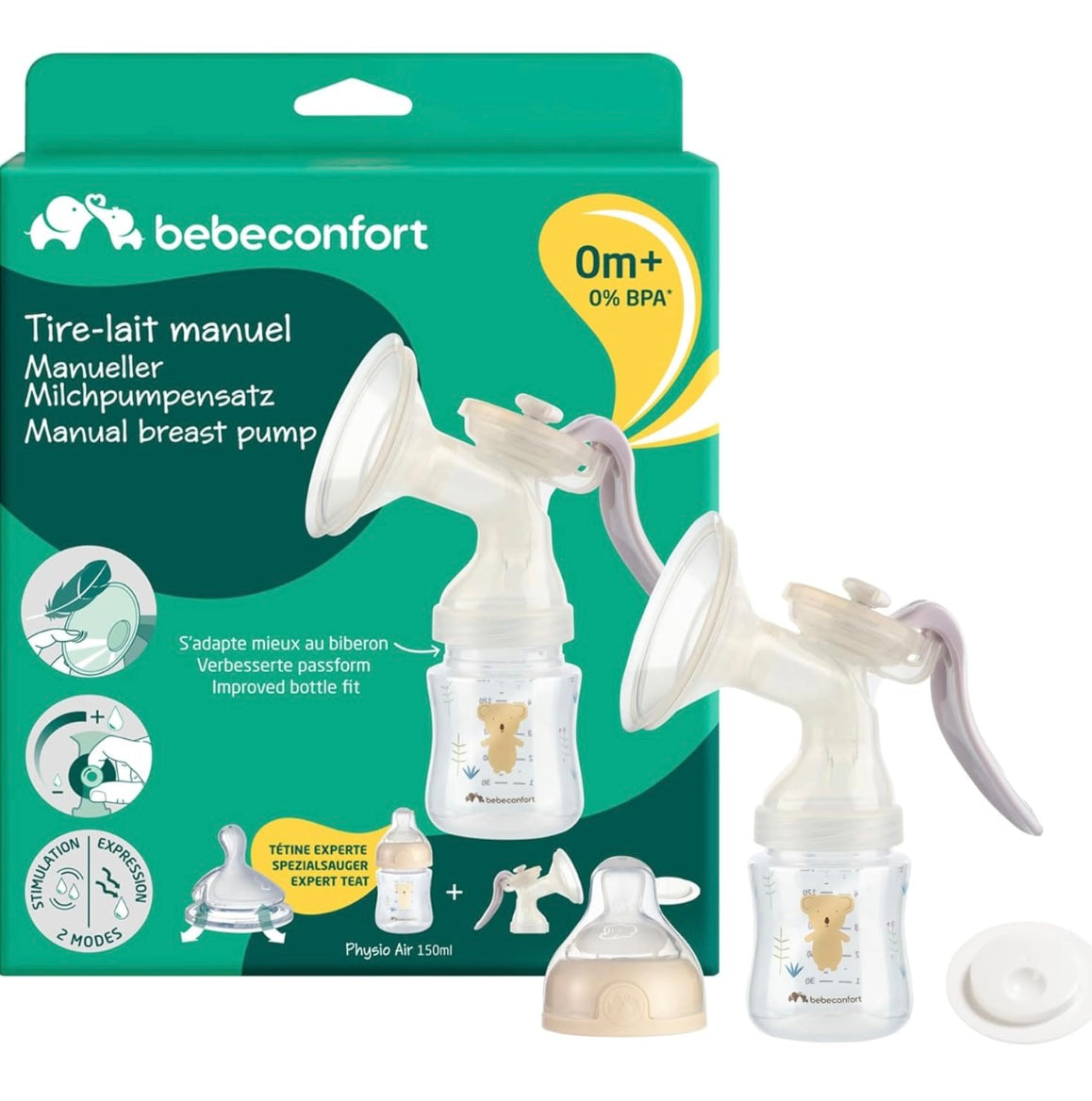 Bebeconfort Tire-Lait Manuel, Tire-Lait en Silicone, Kit Tire-lait manuel avec biberon 150ml, Sable
