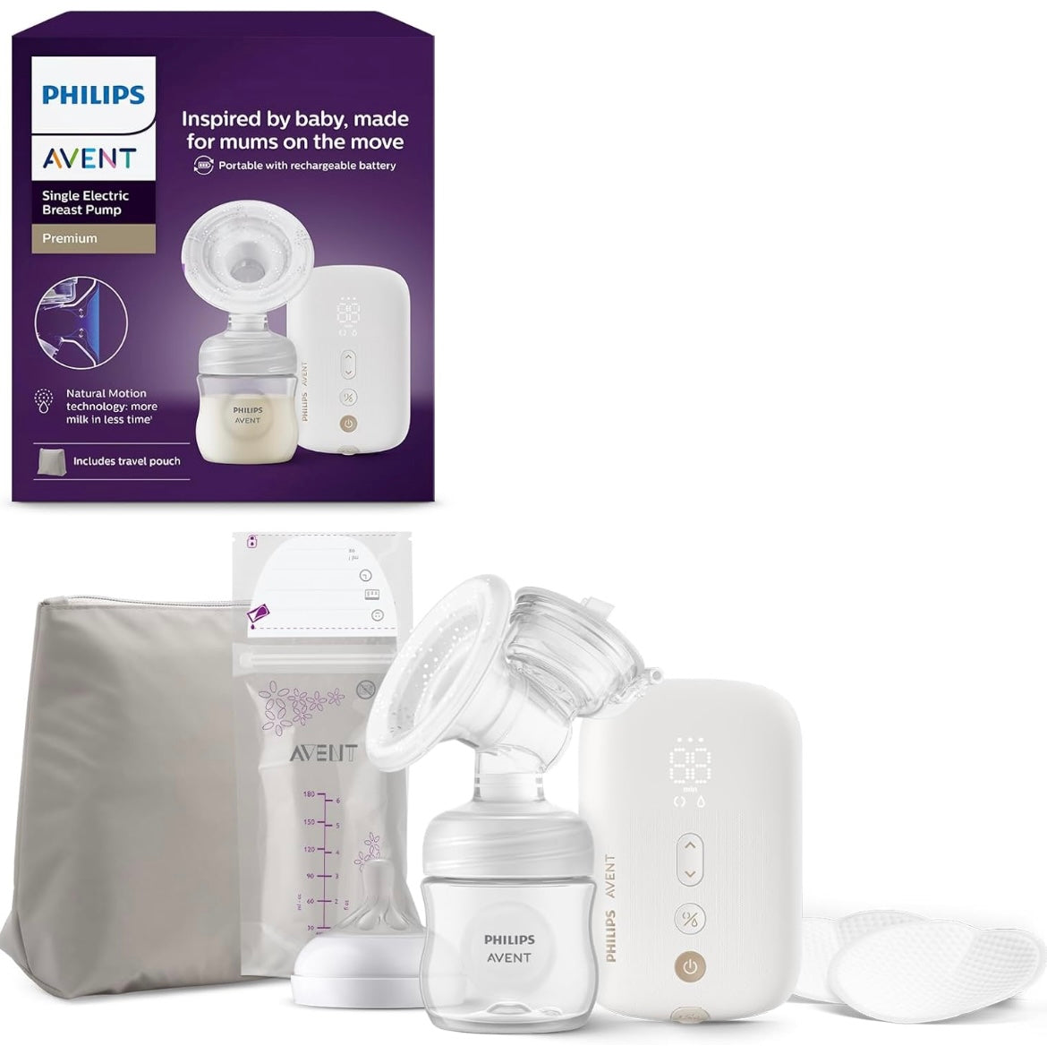Philips Avent - Tire-lait électrique, qualité hospitalière, moteur silencieux et rechargeable pour une expérience discrète où que vous soyez + trousse de transport