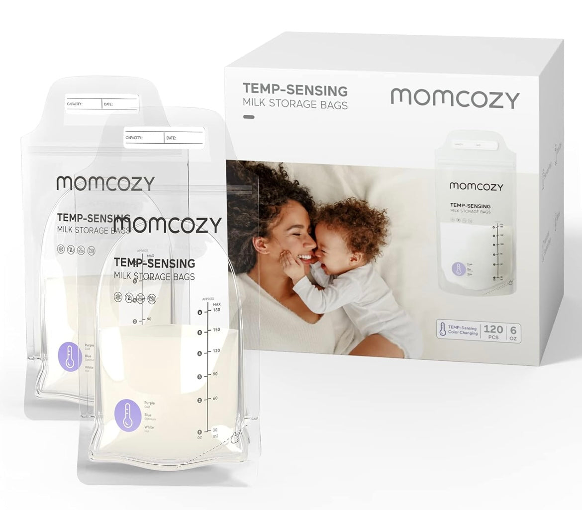 Momcozy Lot de 120 Sacs de Conservation du Lait Maternel, Préstérilisés, Double étanchéité, pour Congélation 180mL