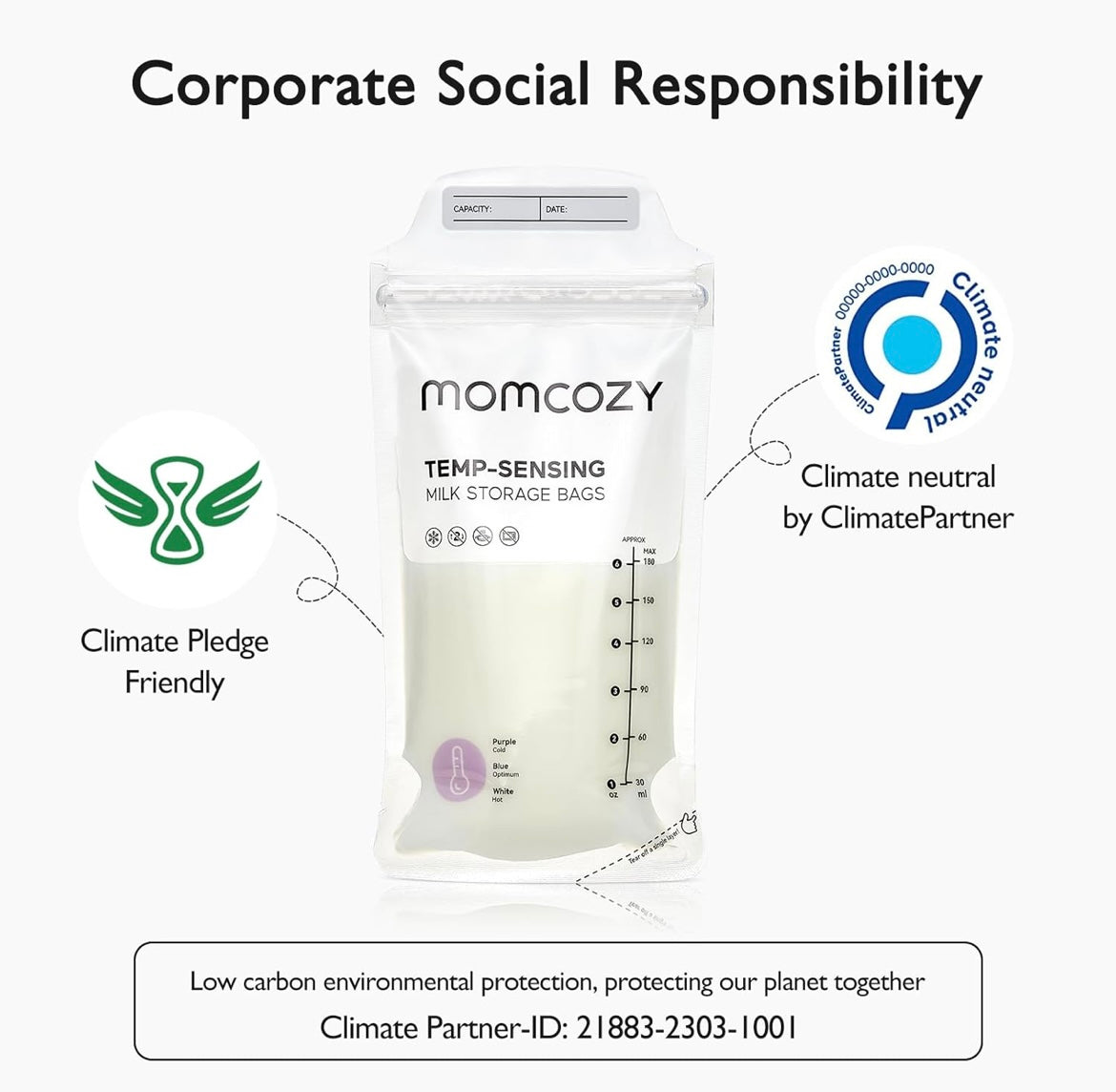 Momcozy Lot de 120 Sacs de Conservation du Lait Maternel, Préstérilisés, Double étanchéité, pour Congélation 180mL