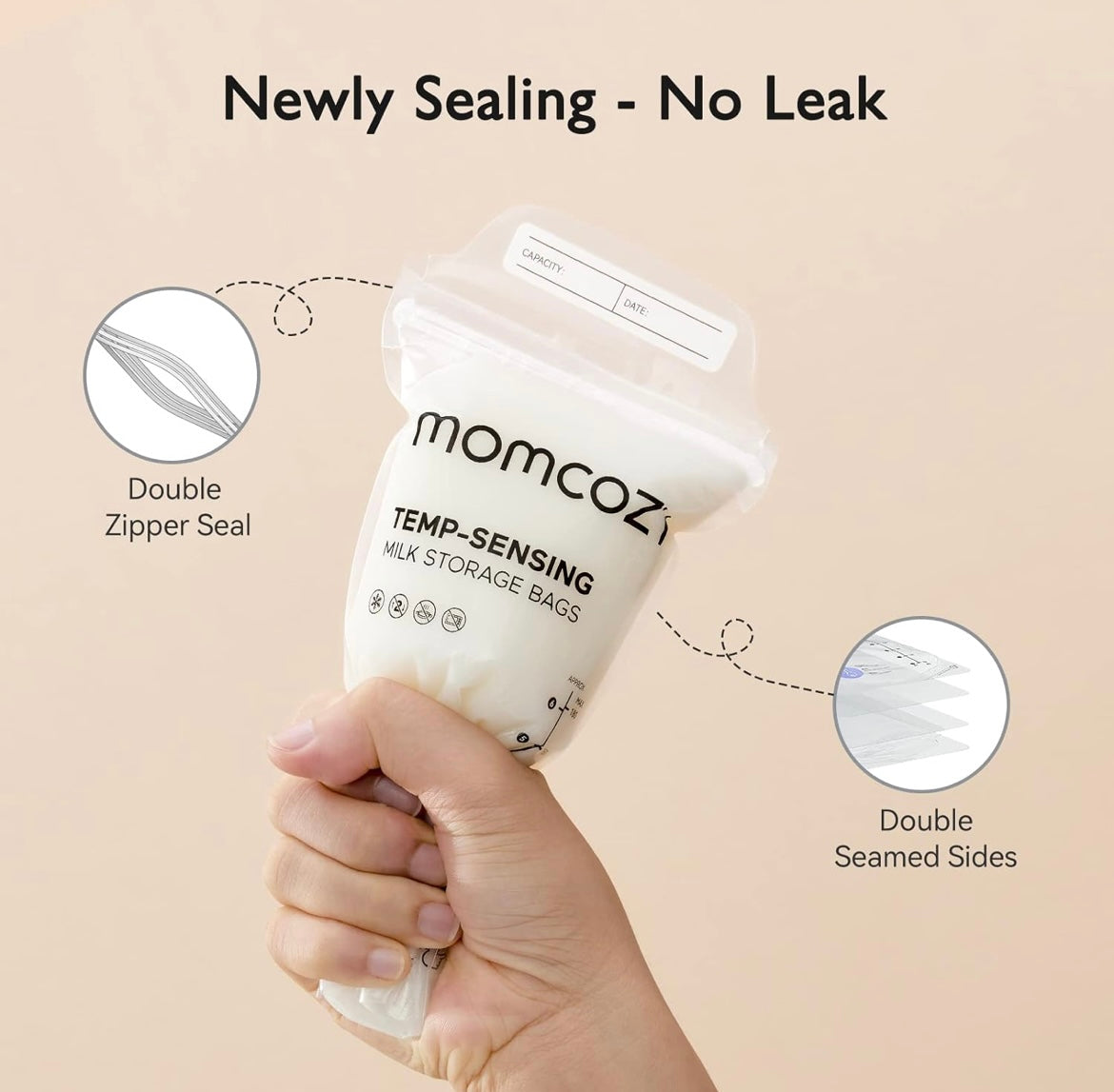 Momcozy Lot de 120 Sacs de Conservation du Lait Maternel, Préstérilisés, Double étanchéité, pour Congélation 180mL